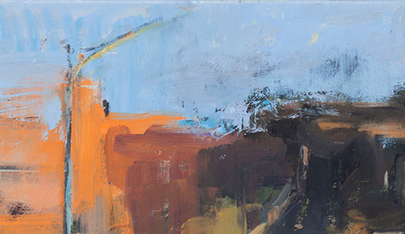 Abstract painting in blue, orange and dark brown by Caron Greenblatt